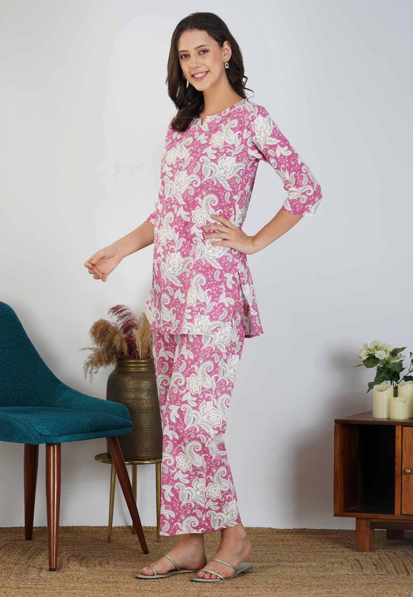 Pink Fuchsia Floral Grace Cotton Loungewear Set