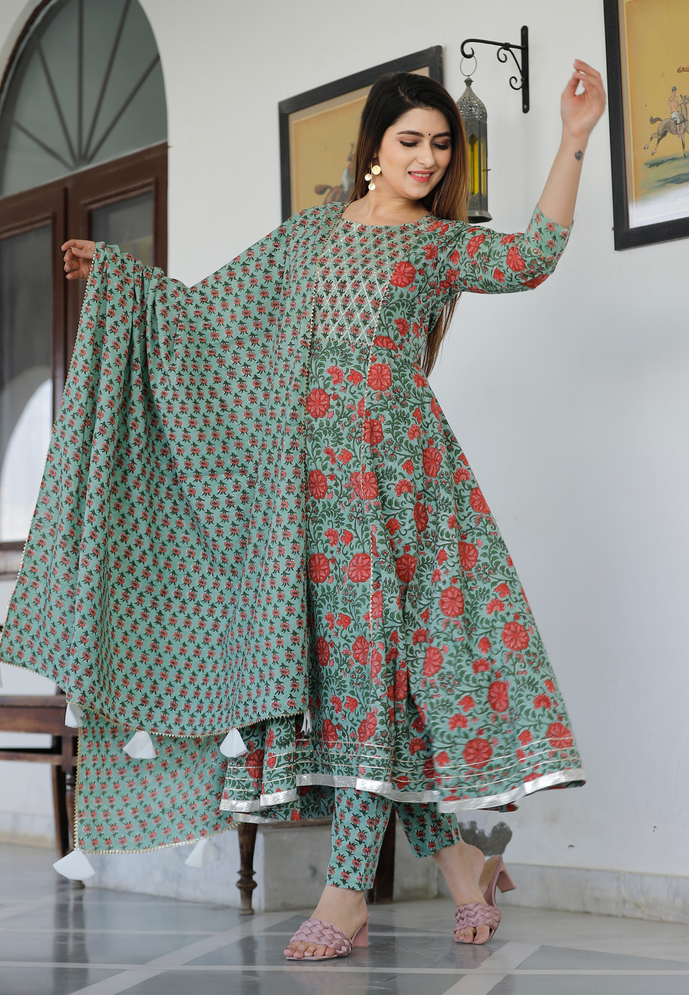 Light Green Hand Block Printed Anarkali Set