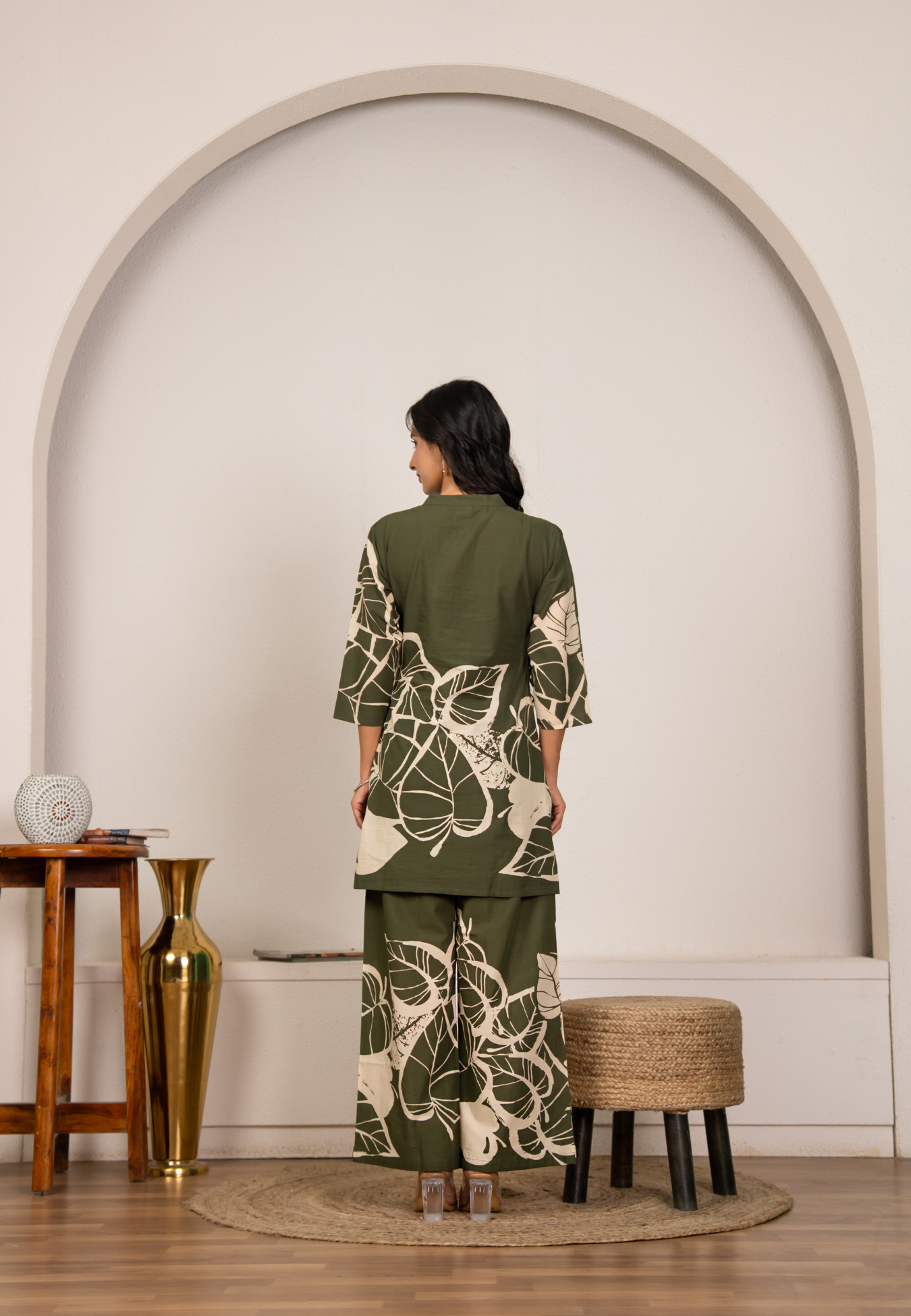 Pure Cotton Olive Green Leaf Printed Co-ord set