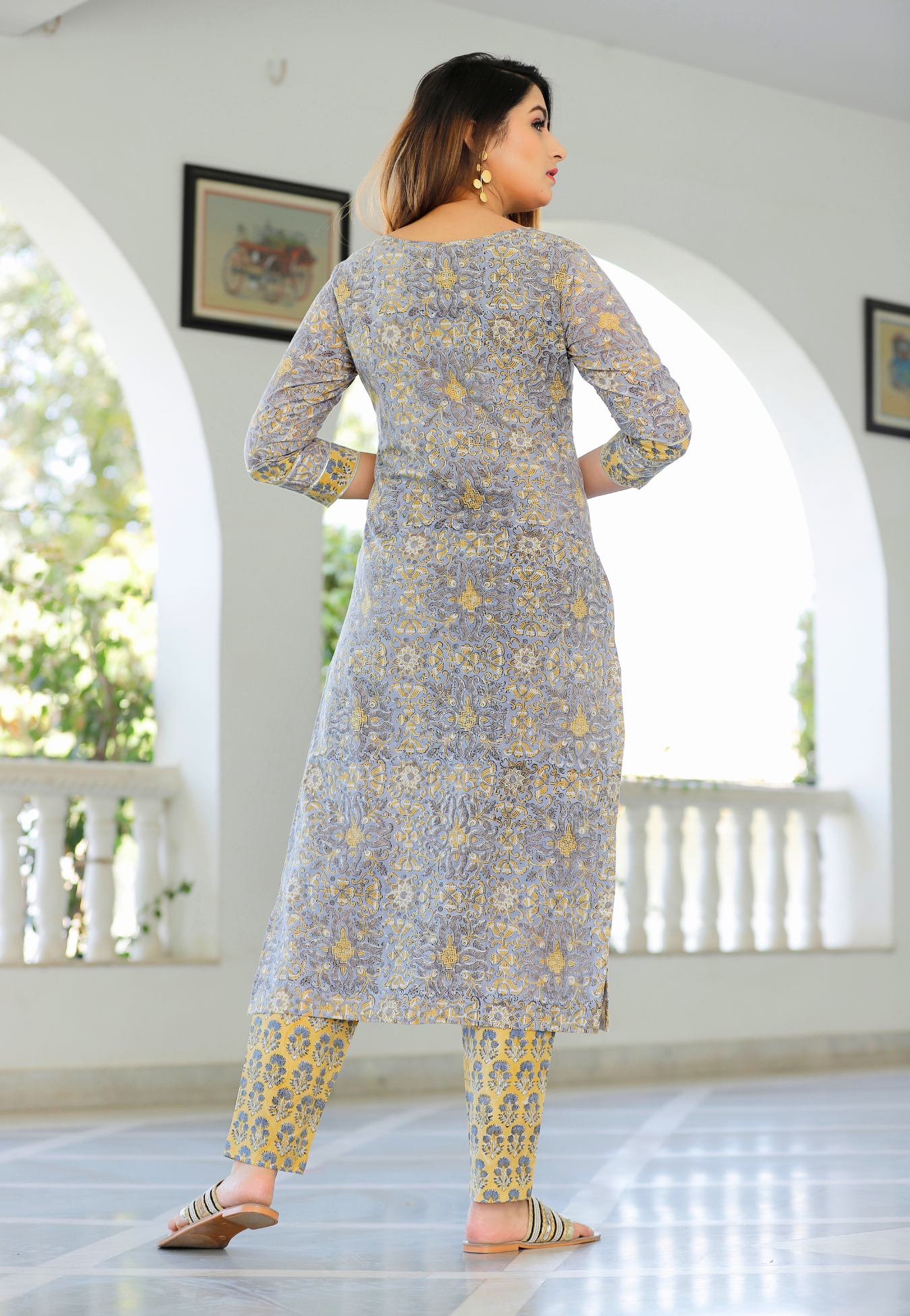 Gray Hand Block Printed Kurta Set.