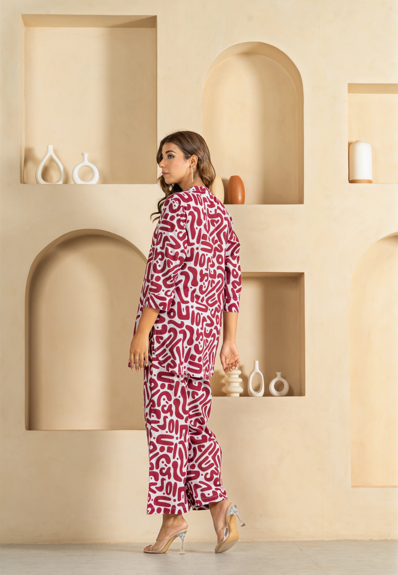 Modern Cotton Maroon Abstract Loungewear Set