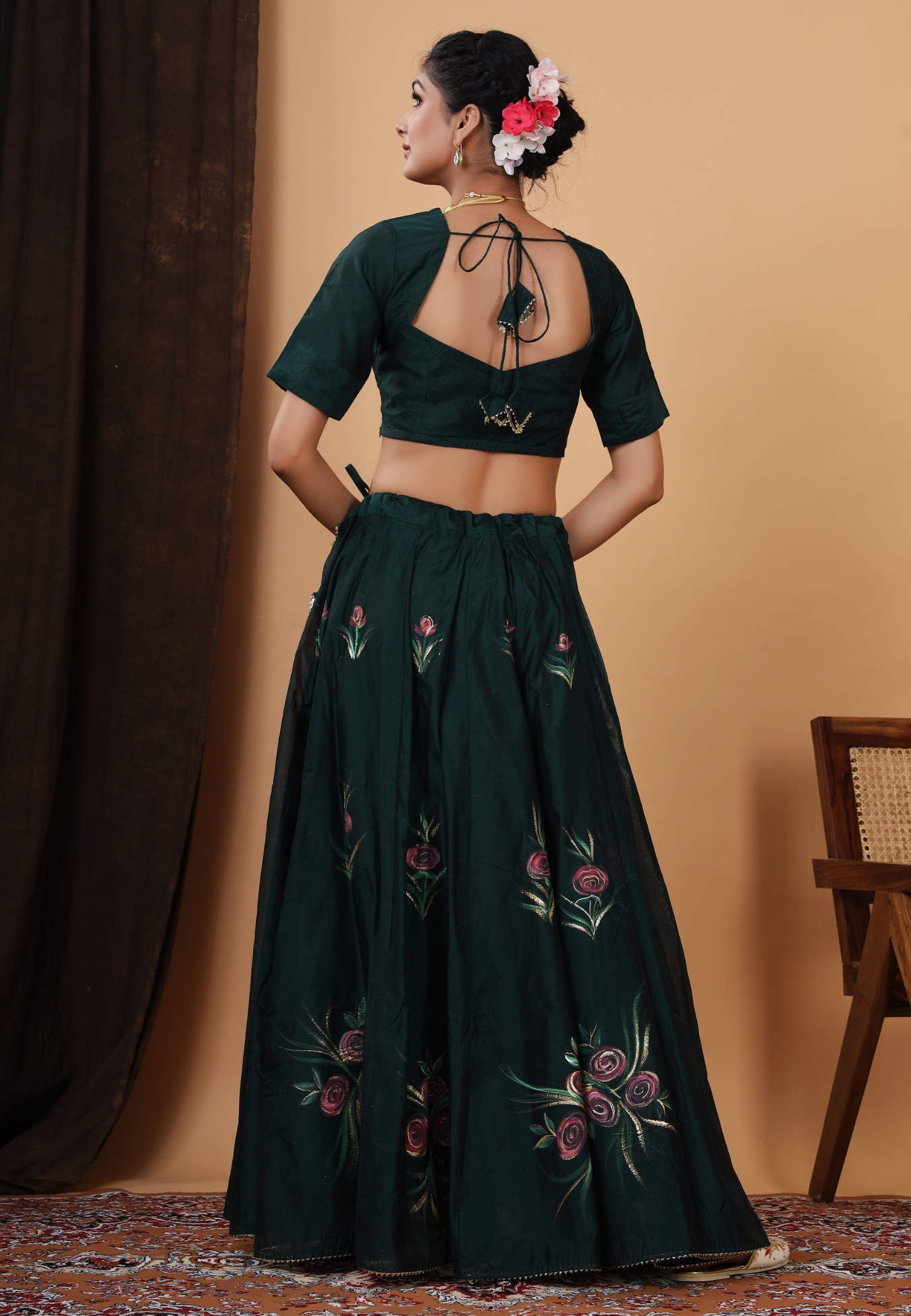 Formal Bottle Green Handpainted Lehenga Set
