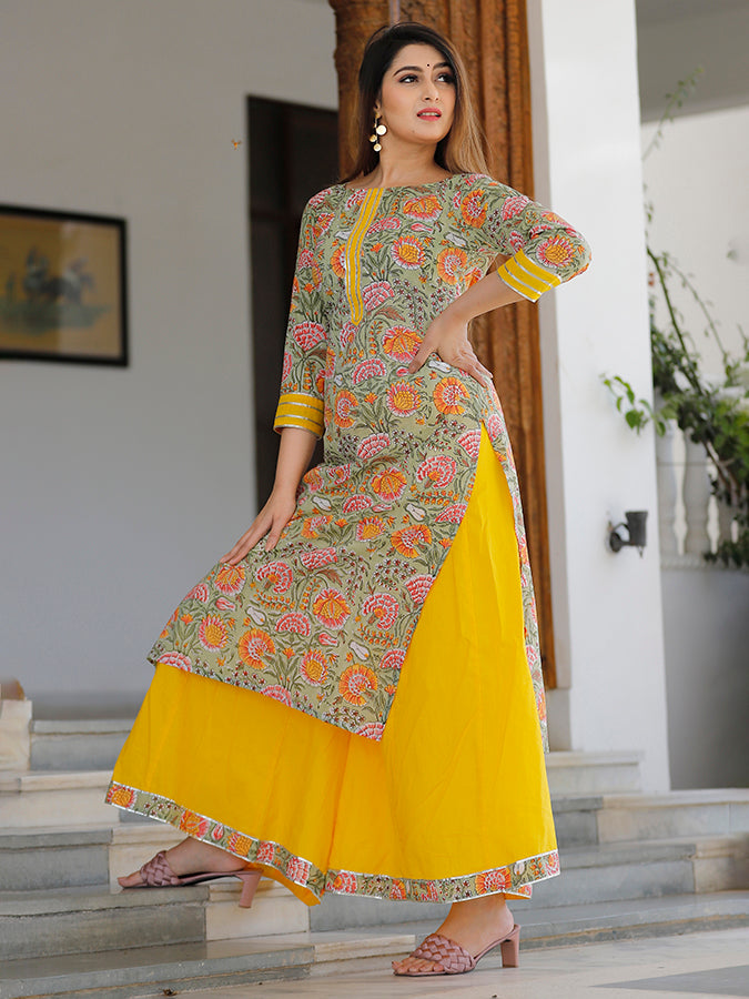 Sage Green Hand Block Printed Kurta Set