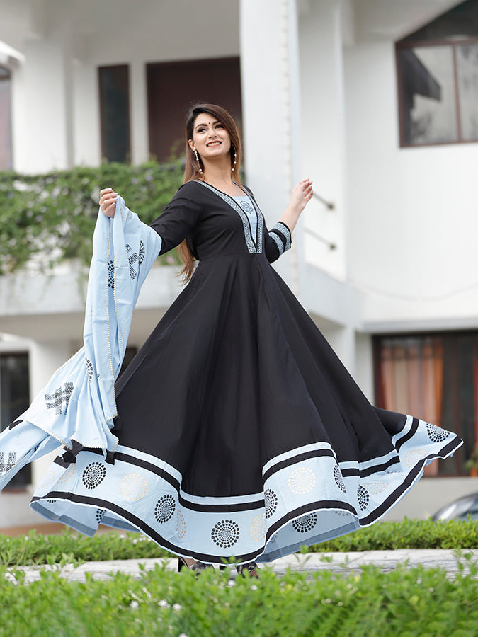 Black Hand Block Printed Anarkali Set.