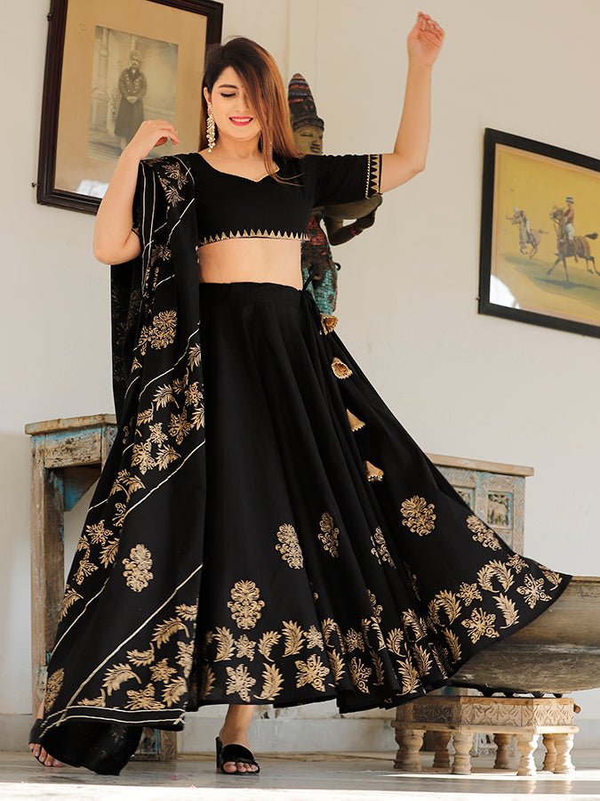 Black Hand Block Printed Lehenga Set