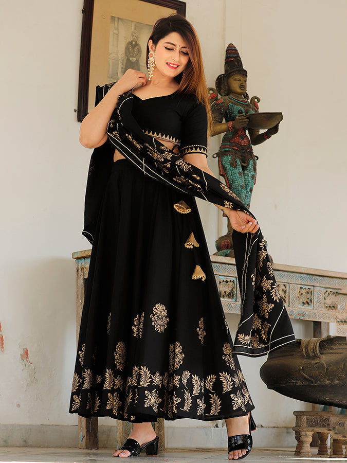 Black Hand Block Printed Lehenga Set