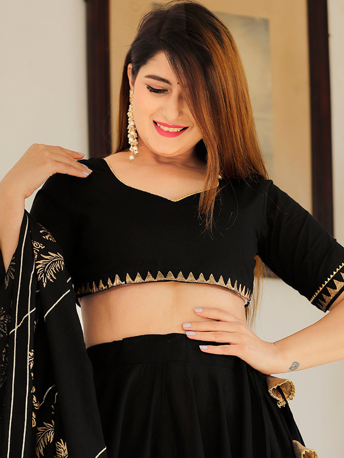Black Hand Block Printed Lehenga Set