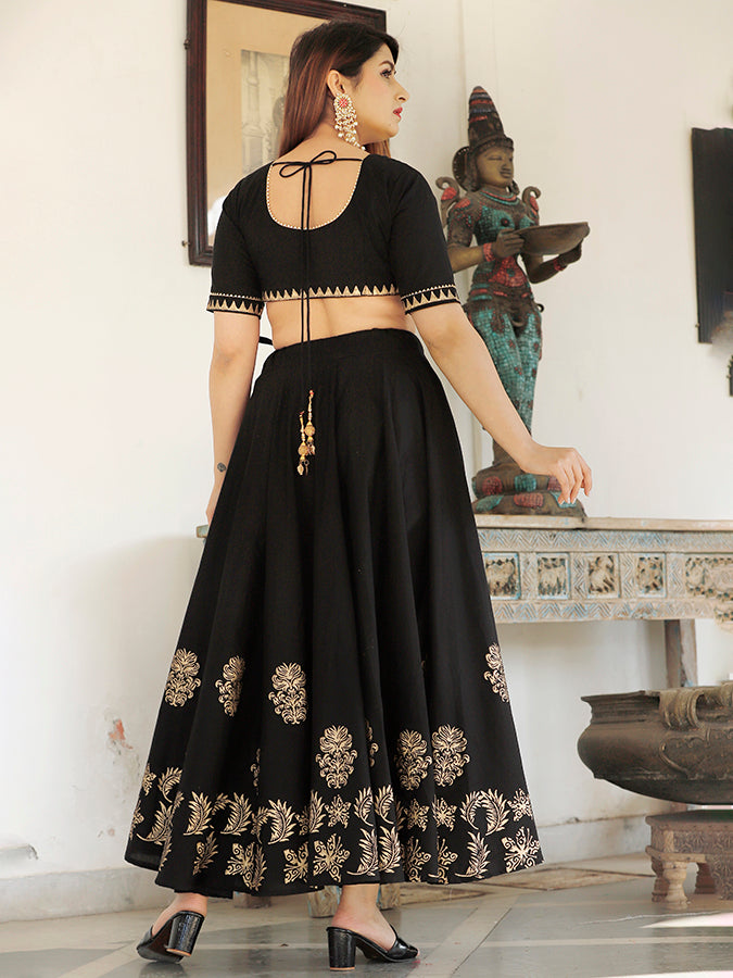 Black Hand Block Printed Lehenga Set