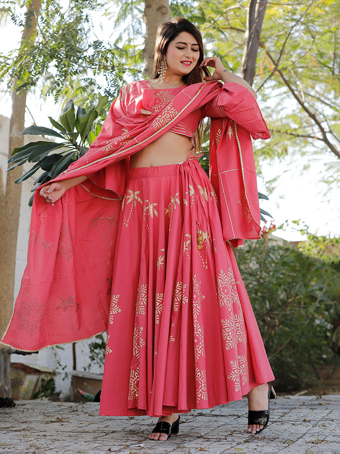 Pink Hand Block Printed Lehenga Set