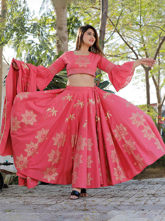 Pink Hand Block Printed Lehenga Set