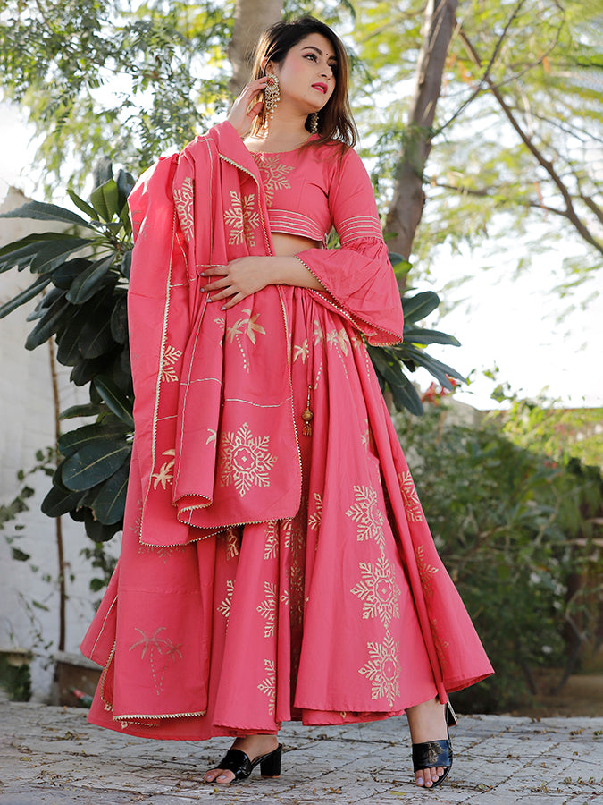 Pink Hand Block Printed Lehenga Set