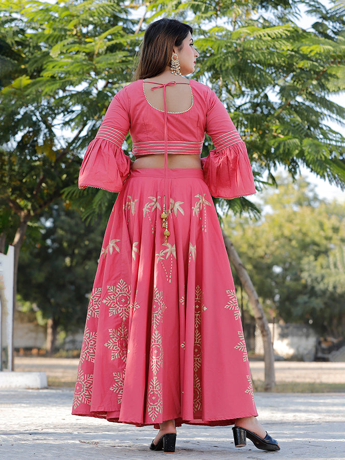 Pink Hand Block Printed Lehenga Set