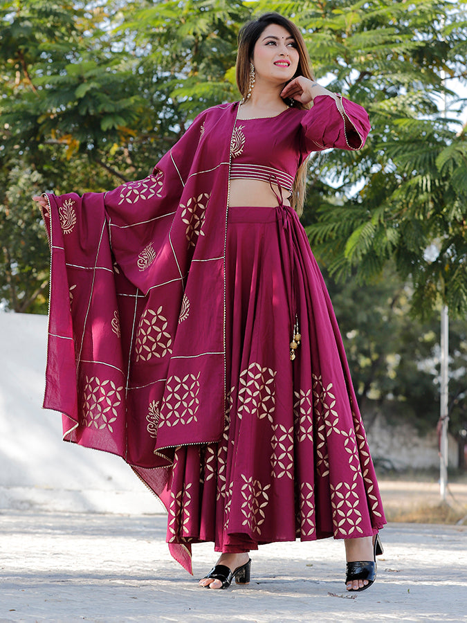 Wine Hand Block Printed Lehenga Set