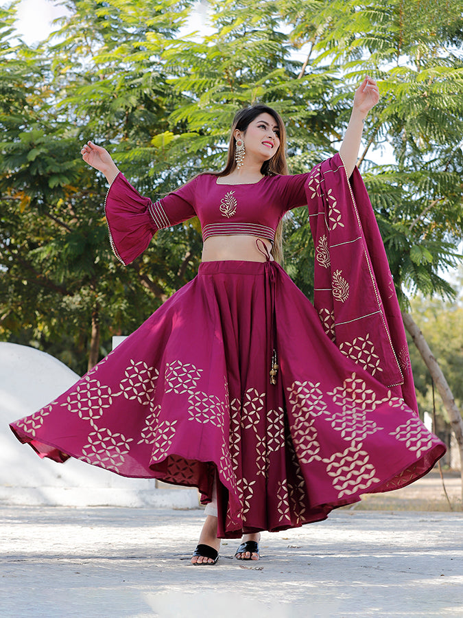 Wine Hand Block Printed Lehenga Set