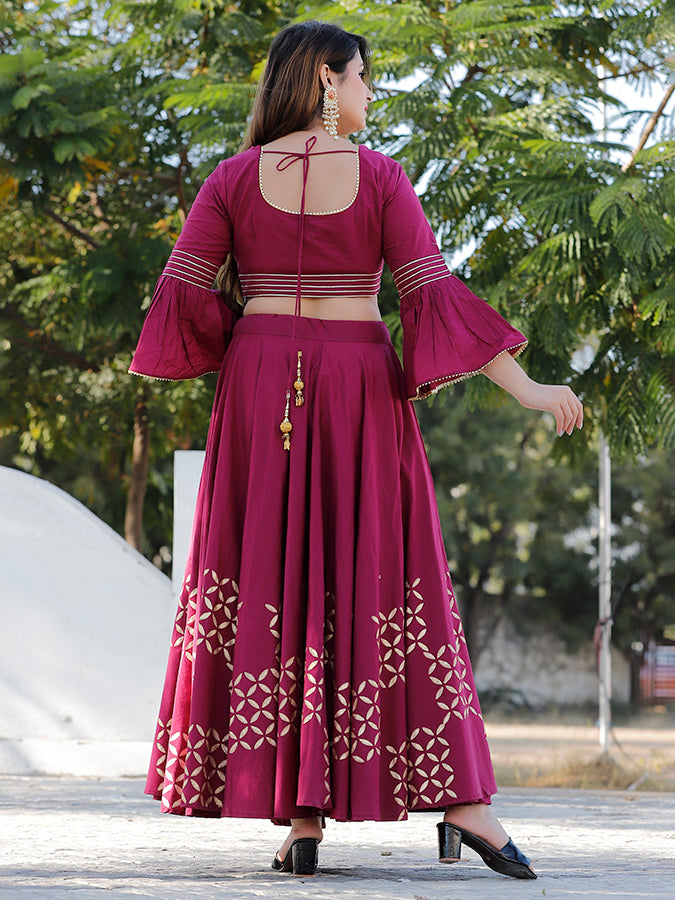 Wine Hand Block Printed Lehenga Set