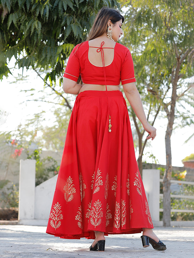 Red Hand Block Printed Lehenga Set