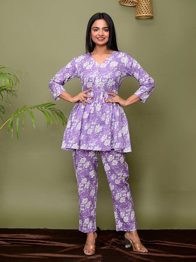 Purple Floral Printed Loungewear Set