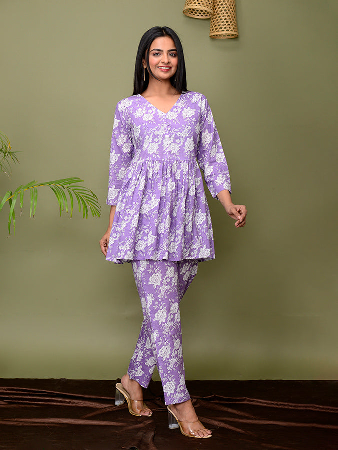 Purple Floral Printed Loungewear Set