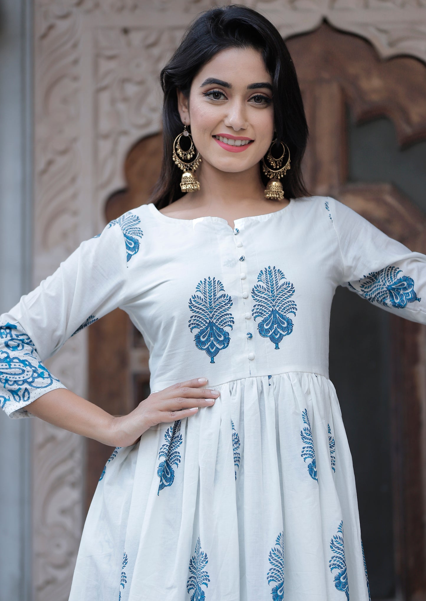 Anarkali White Hand Block Printed Kurta Set.