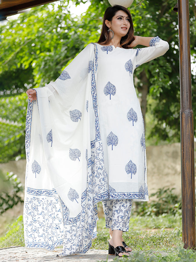 Off White Hand Block Printed Suit Set