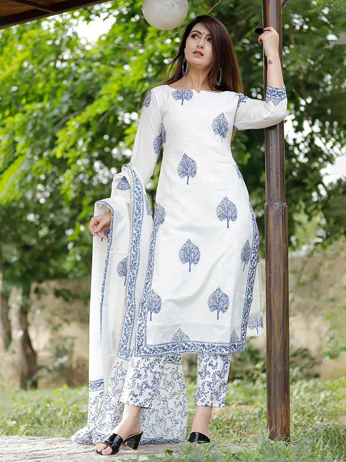 Off White Hand Block Printed Suit Set