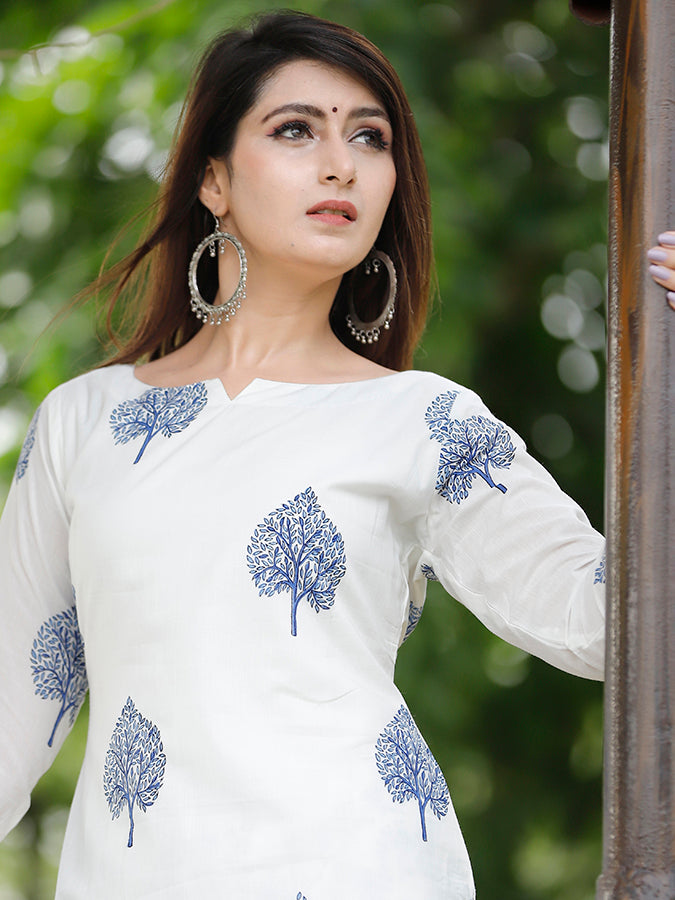 Off White Hand Block Printed Suit Set