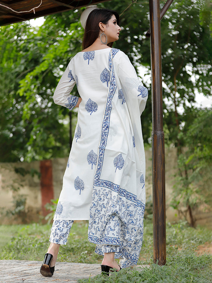 Off White Hand Block Printed Suit Set