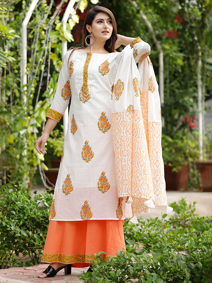 Off White Hand Block Printed Palazzo Set