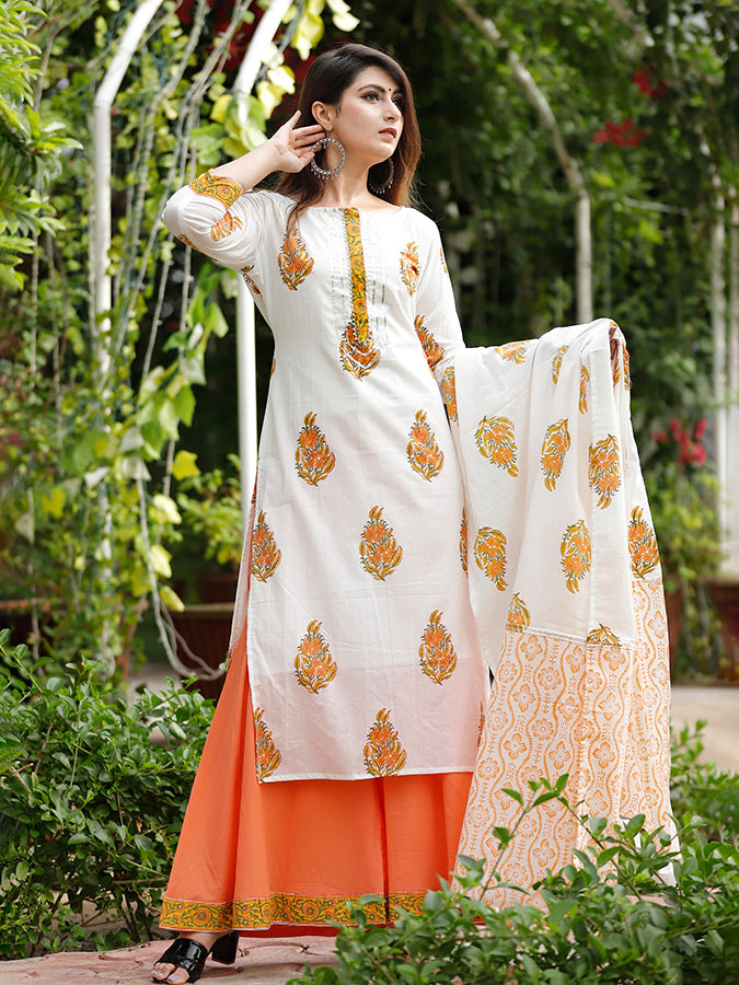 Off White Hand Block Printed Palazzo Set