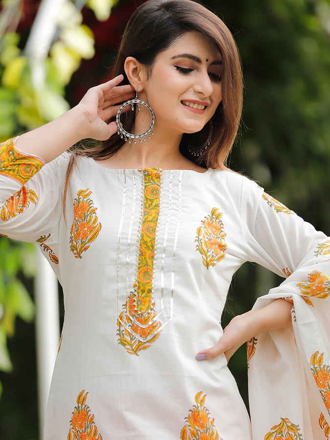 Off White Hand Block Printed Palazzo Set