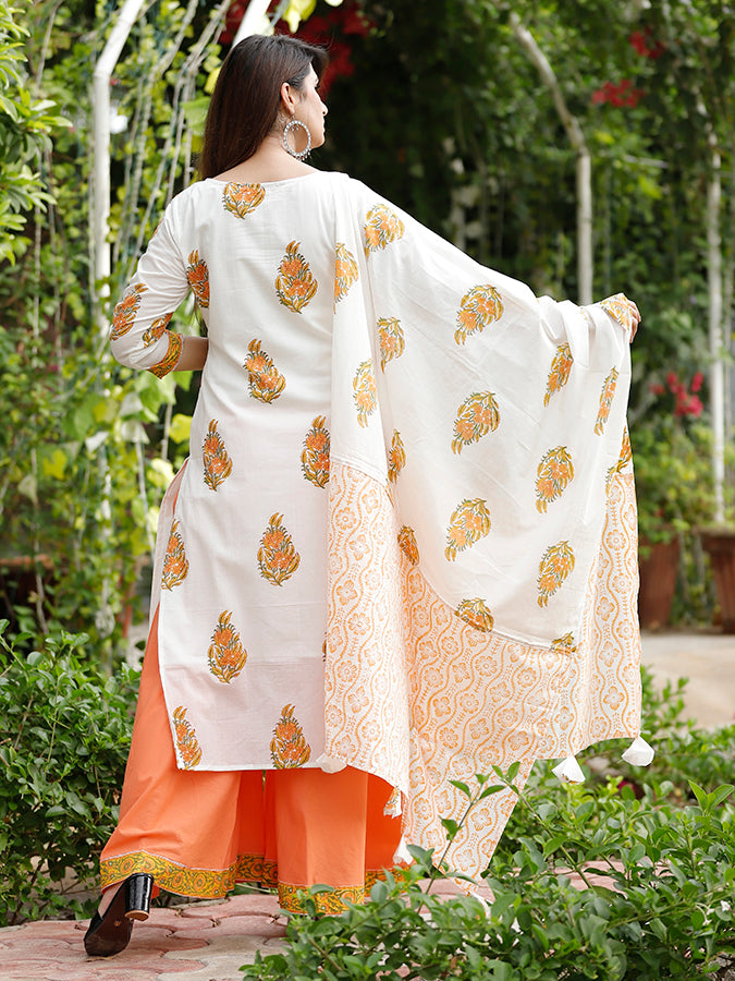 Off White Hand Block Printed Palazzo Set