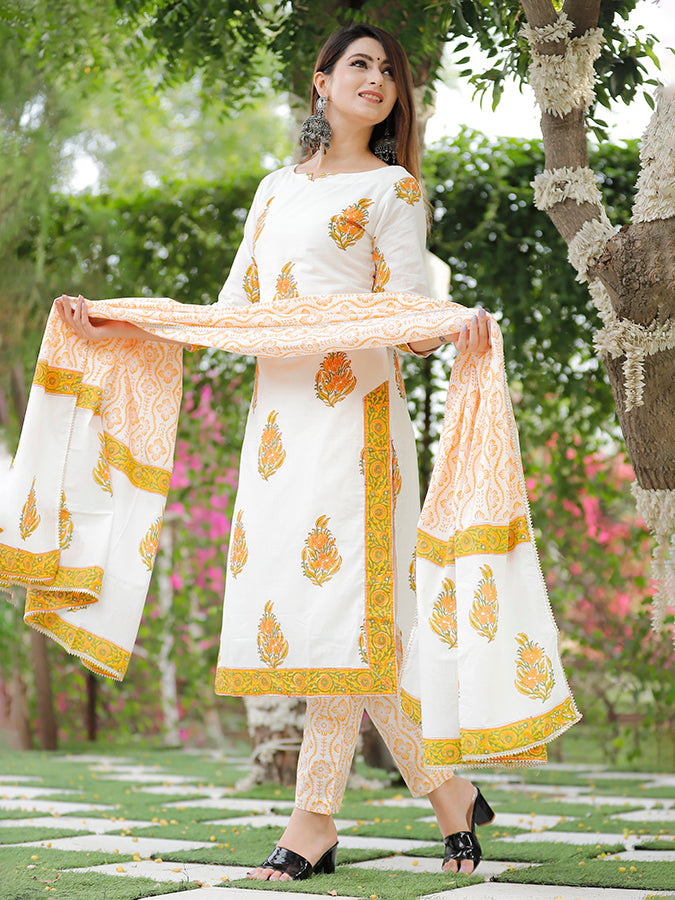 Off White Hand Block Printed Suit Set