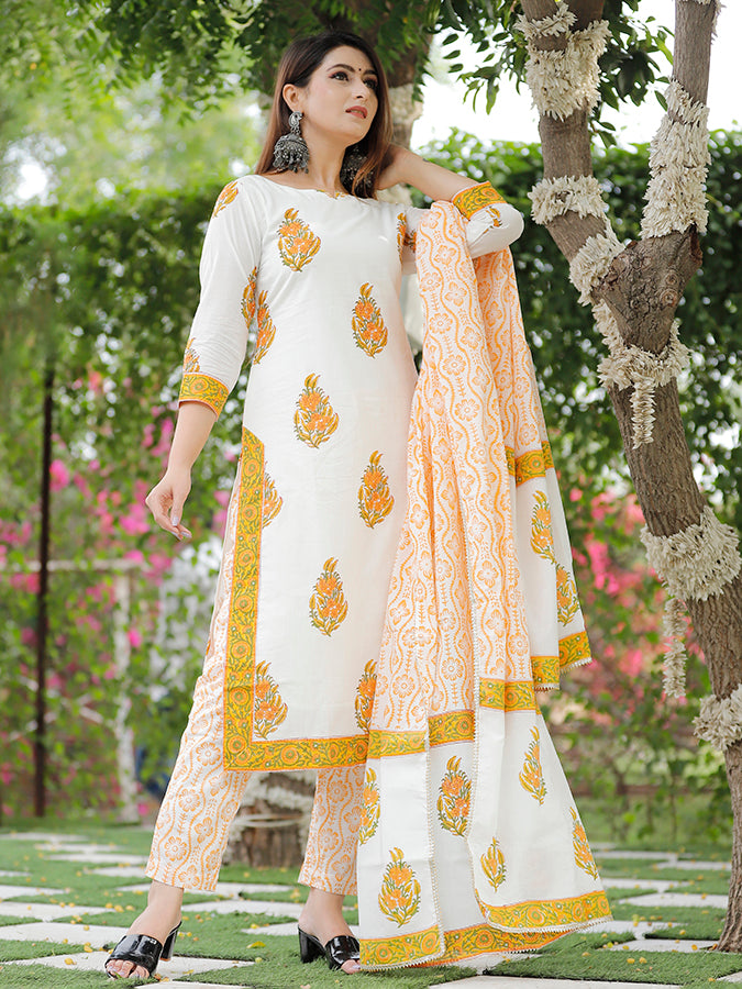 Off White Hand Block Printed Suit Set