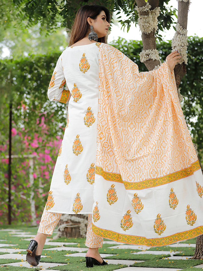 Off White Hand Block Printed Suit Set