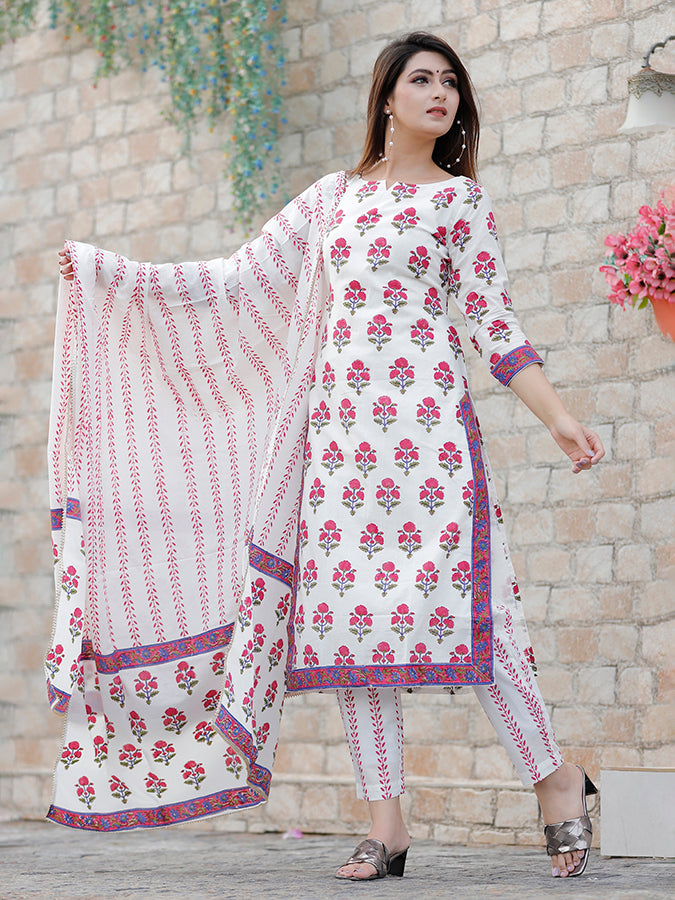 Off White Hand Block Printed Suit Set