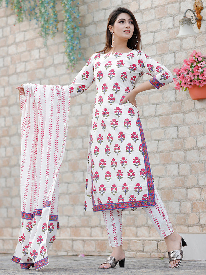 Off White Hand Block Printed Suit Set