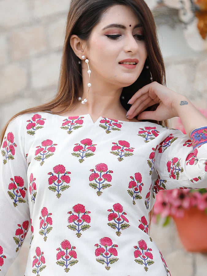 Off White Hand Block Printed Suit Set
