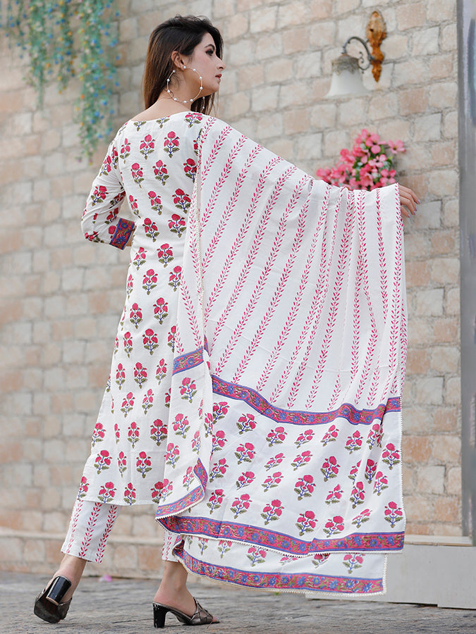 Off White Hand Block Printed Suit Set