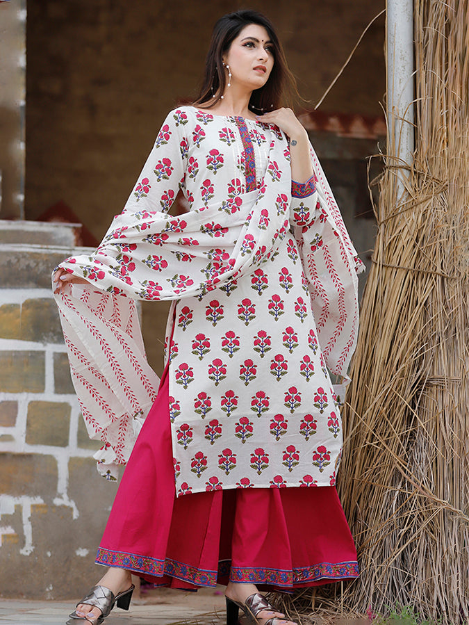 Off White Hand Block Printed Palazzo Set