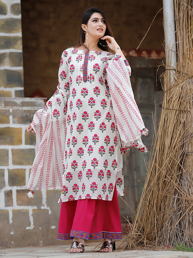 Off White Hand Block Printed Palazzo Set