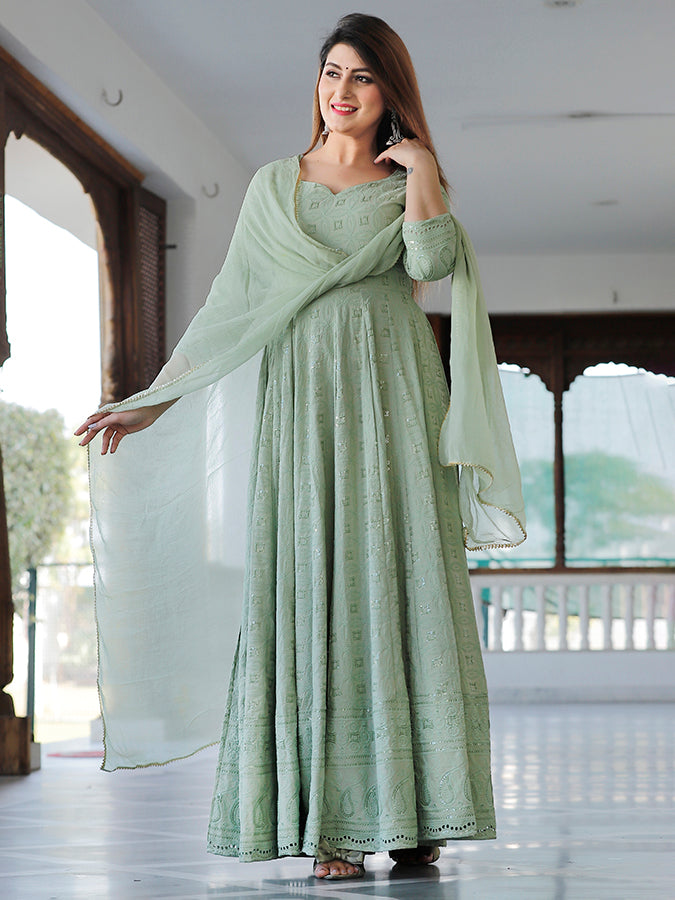 Mint Green Chikankari Embrodiery Anarkali Set