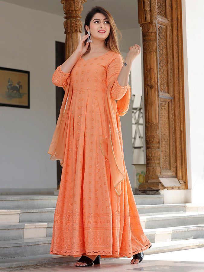 Orange Chikankari Embrodiery Anarkali Set