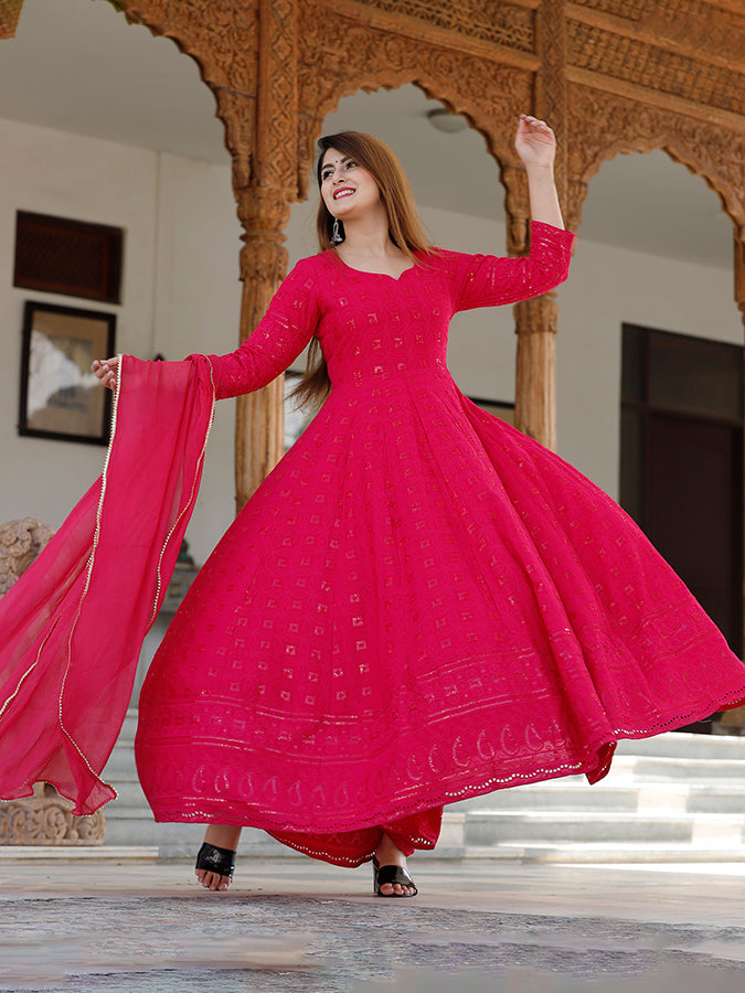 Rani Chikankari Embrodiery Anarkali Set