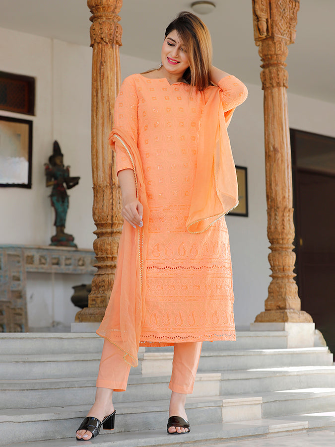 Orange Chikankari Suit Set