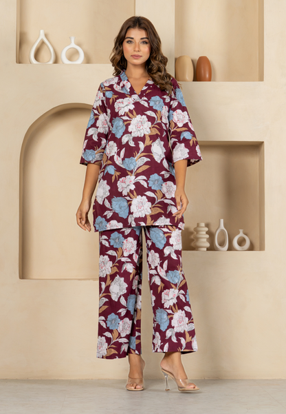 Stylish Maroon Ensemble with Blooming Florals