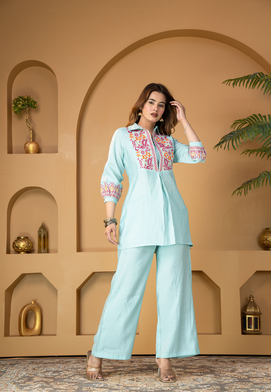 Aqua Blue Muslin Silk Co-Ords Set