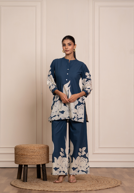 Teal Blue Co-Ord Set with Ivory Floral Prints