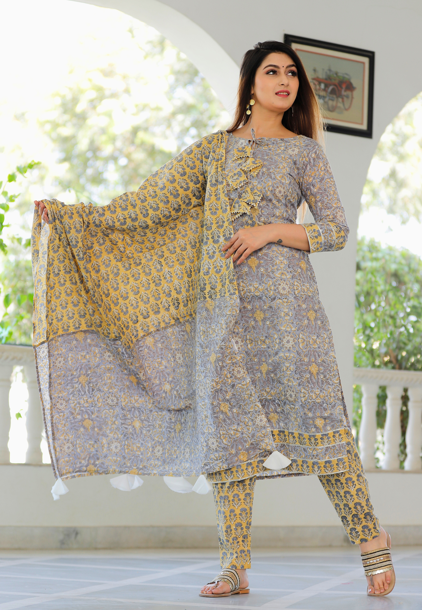 Gray Hand Block Printed Kurta Set.