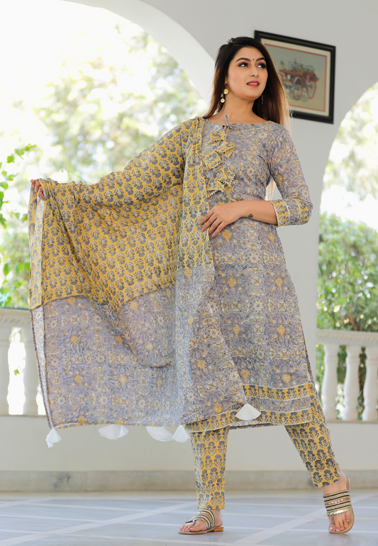 Gray Hand Block Printed Kurta Set.