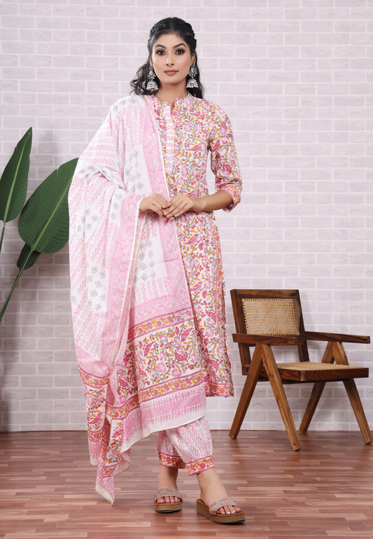 Off White Hand Block Printed Kurta Set